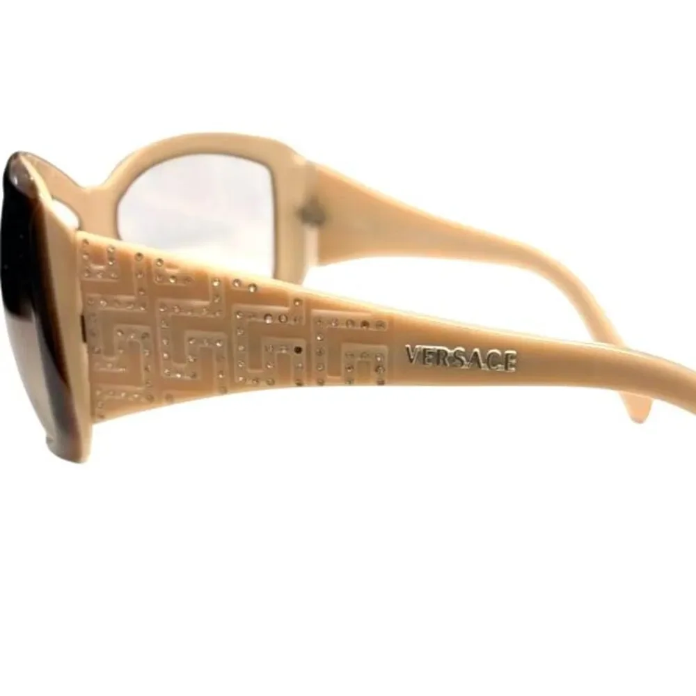 Versace Model 4069-B Sunglasses Beige Tan Crystal Greca Pattern Wrap/Shield Y2k
